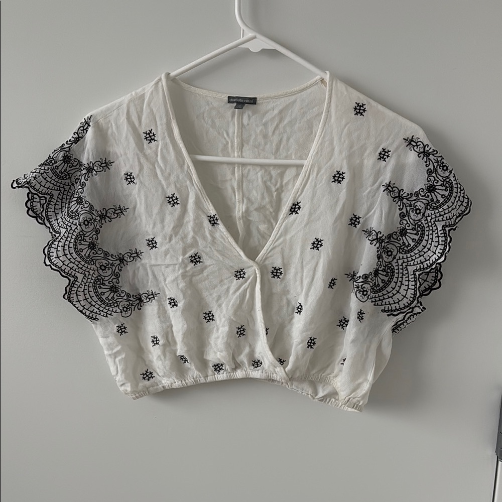 Embroidered V-Neck Crop Top - White with Black Embroidery